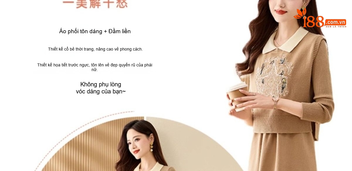 Set Bộ Dệt Kim Áo Và Chân Váy Dáng Dài Thêu Họa Tiết Phong Cách Thời Trang Màu Nâu, Xám chi tiết 4