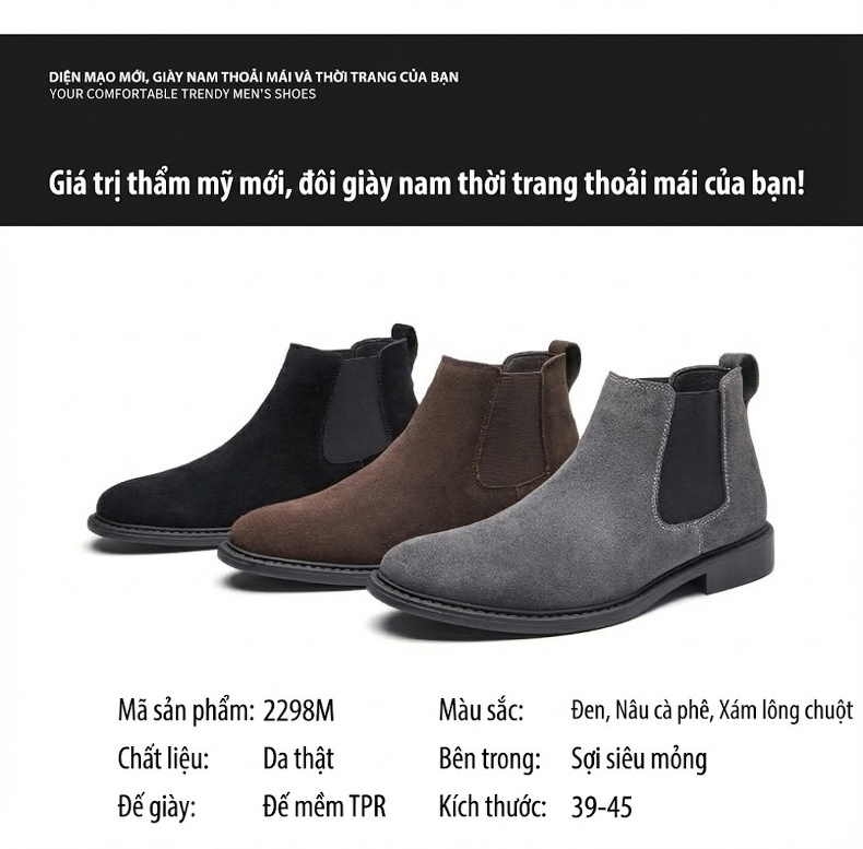 Boot Chelsea Nam Da Mờ Cao Cổ Chiều Cao Đế Khoảng 3cm Màu Đen, Nâu, Xám chi tiết 3