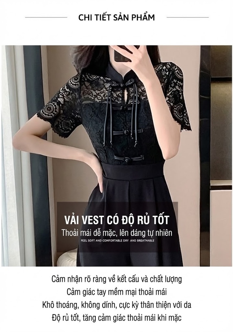 Jumpsuit Nữ Ống Rộng Phong Cách Tân Cổ Điển Màu Đen chi tiết 3