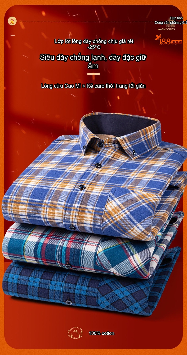 Áo Sơ Mi Nam Ca Rô Lông Cừu Non Cotton Dày Dặn Giữ Ấm Màu Đen, Đỏ, Xanh Dương, Xanh Lá... chi tiết 4