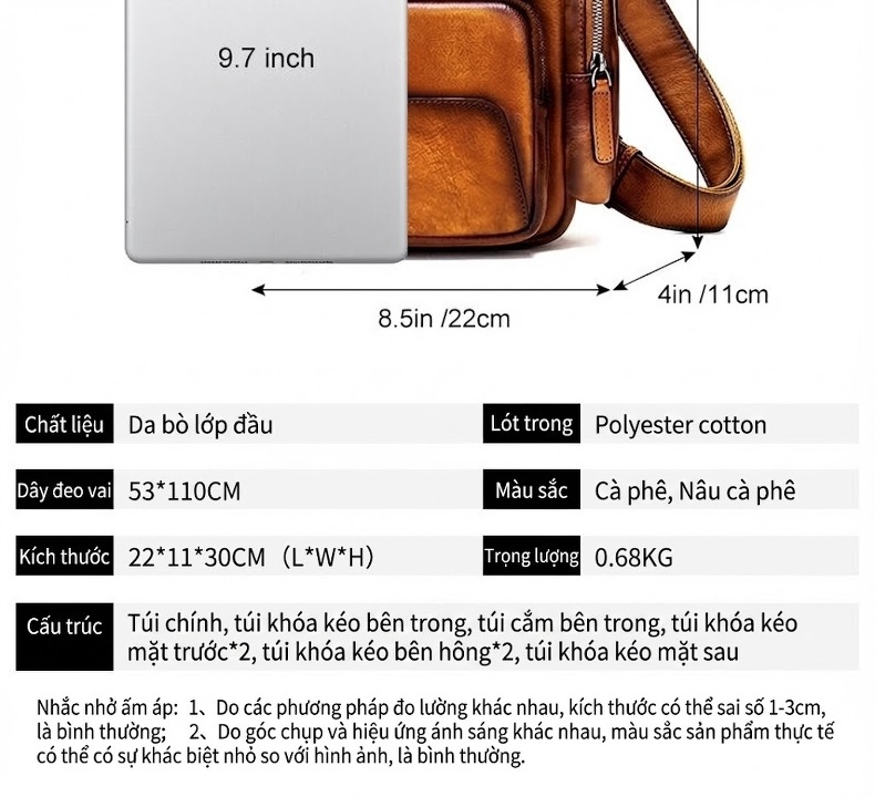 Túi Đeo Ngực/Đeo Chéo Nam Da Bò Thật Phong Cách Cổ Điển Màu Nâu chi tiết 3