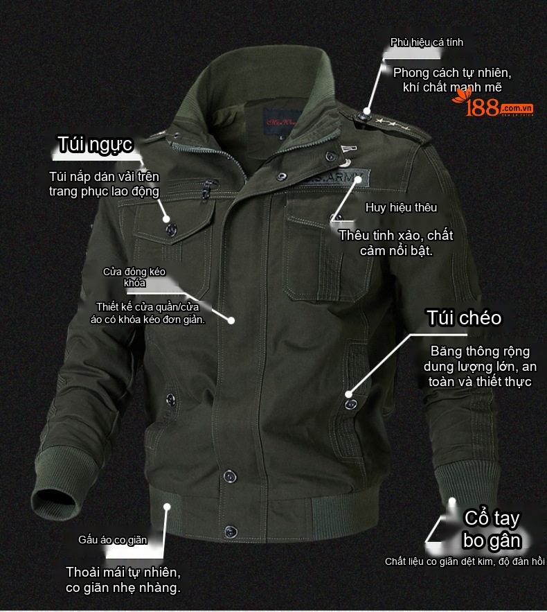 Áo Khoác Bomber Nam Cotton Giặt Nước Phong Cách Quân Đội Cổ Điển Màu Nâu, Xanh Rêu, Đen chi tiết 4