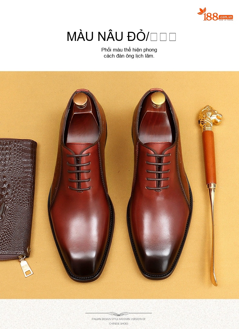 Giày Tây Oxford Nam Da Bóng Phối Màu Chiều Cao Đế Khoảng 3cm Màu Xanh Navy, Đỏ chi tiết 11