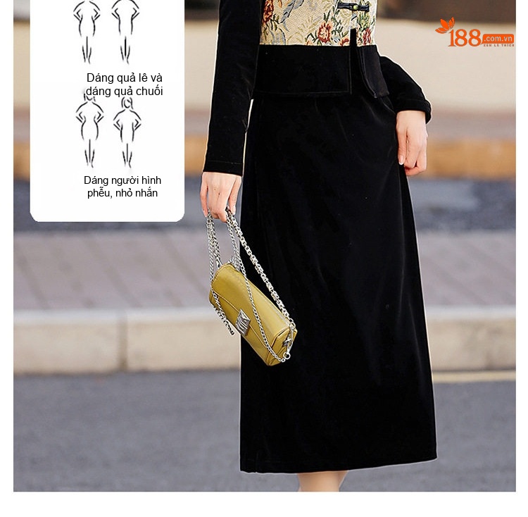 Đầm Trung Niên Dáng Dài Tay Dài Kèm Áo Gile Gấm Thêu Họa Tiết Phong Cách Retro Màu Đen chi tiết 10