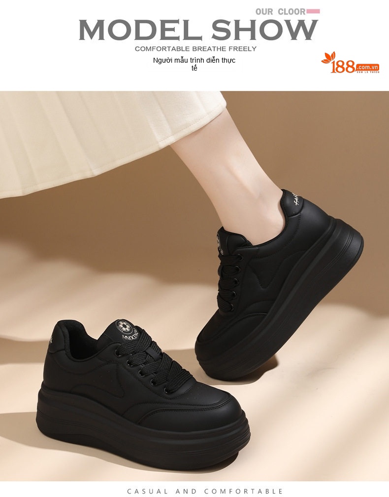 Giày Sneaker Nữ Đế Bánh Mì Chiều Cao Đế Khoảng 5cm Phong Cách Thể Thao Màu Đen, Nâu chi tiết 4