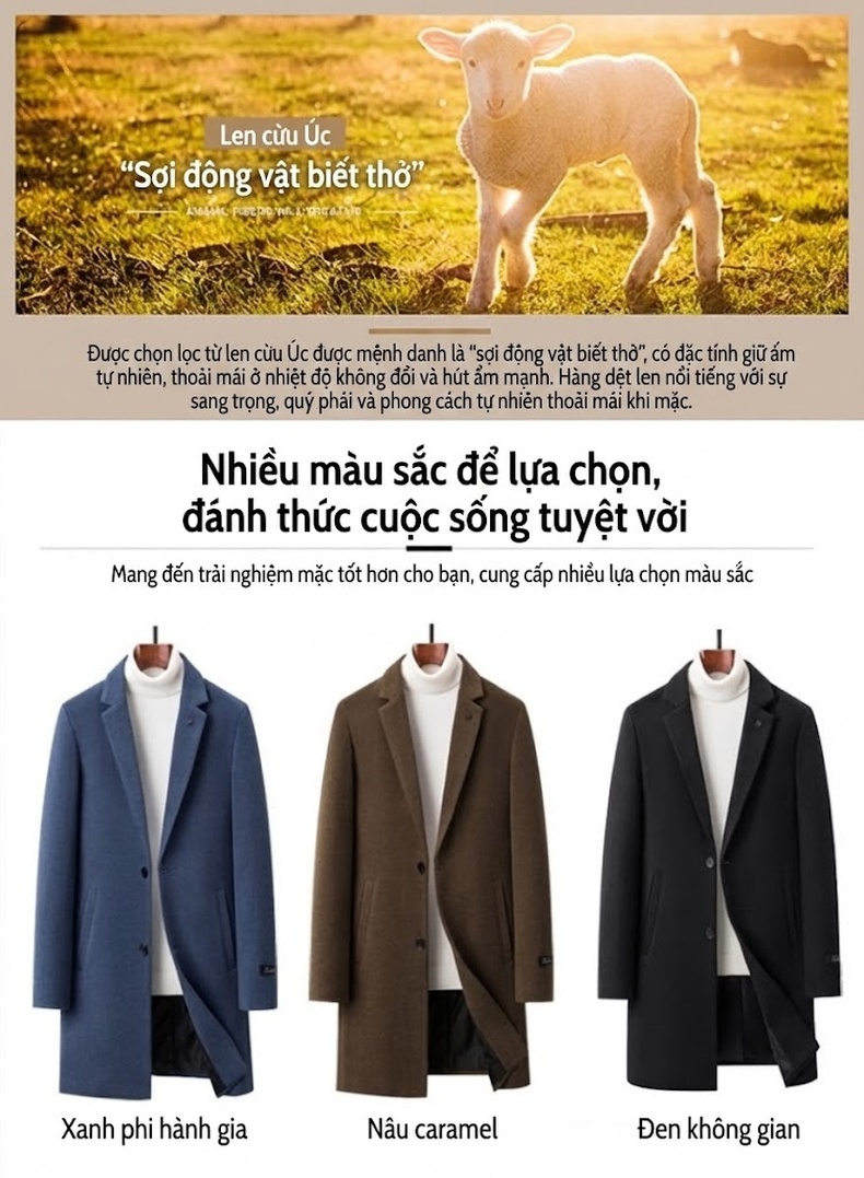 Áo Khoác Dạ Nam Trung Dài Tay Dài Cúc Bấm Cao Cấp Màu Xanh, Nâu, Đen chi tiết 5