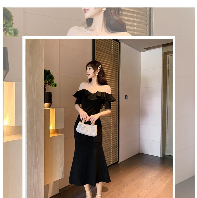 Đầm Ôm Body Nữ Cổ Bèo Nhún, Tay Lỡ, Xẻ Tà, Thiết Kế Lưới, Tôn Dáng, Màu Đen chi tiết 1