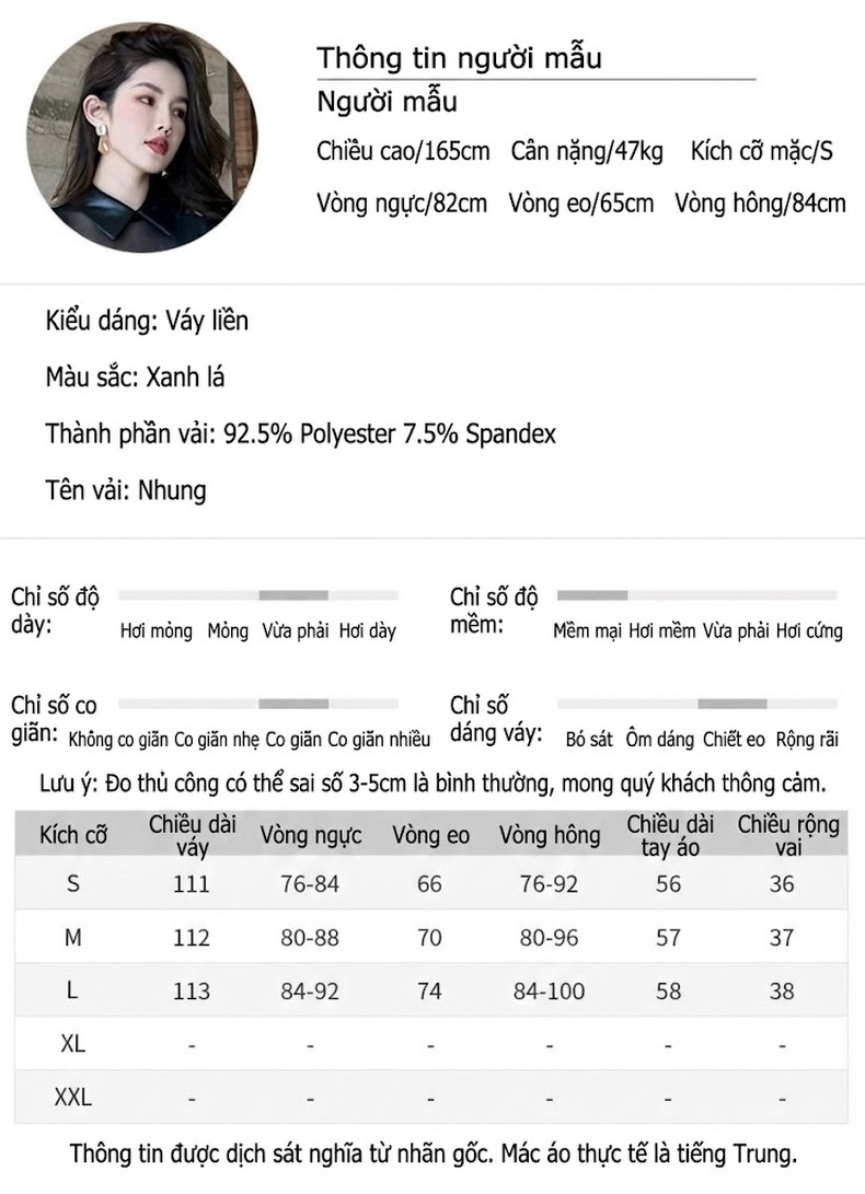 Váy Lụa Nhung Dài Tay Cổ Búp Bê Viền Bèo Tầng Màu Xanh Lá chi tiết 2