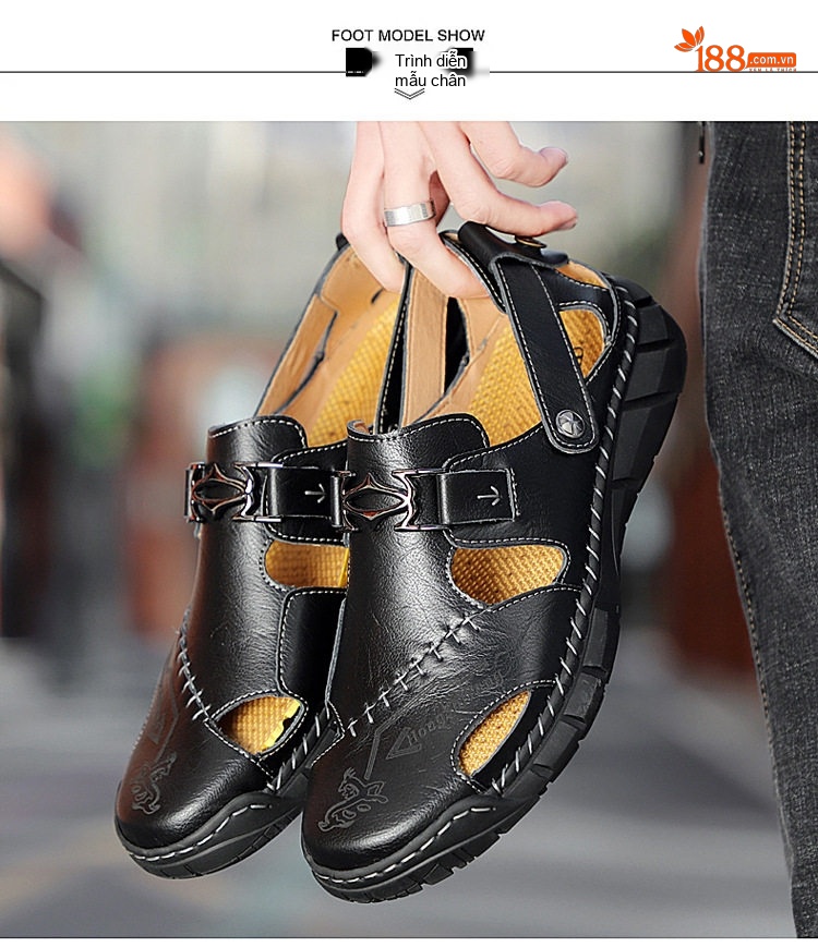 Sandal Nam Da Thật Xỏ Ngón Thoáng Khí Chiều Cao Đế Khoảng 3cm Màu Nâu, Đen chi tiết 14