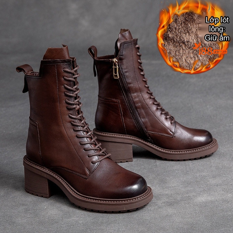 Boot Martin Nữ Da Bò Gót Vuông Chiều Cao Đế Khoảng 5cm Khóa Kéo Bên Hông Màu Đen, Nâu
