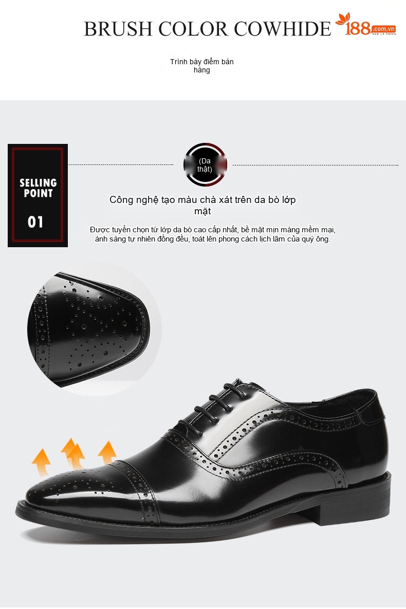 Giày Tây Buộc Dây Nam Da Bóng Brogue Chiều Cao Đế Khoảng 3cm Màu Nâu, Đen chi tiết 4
