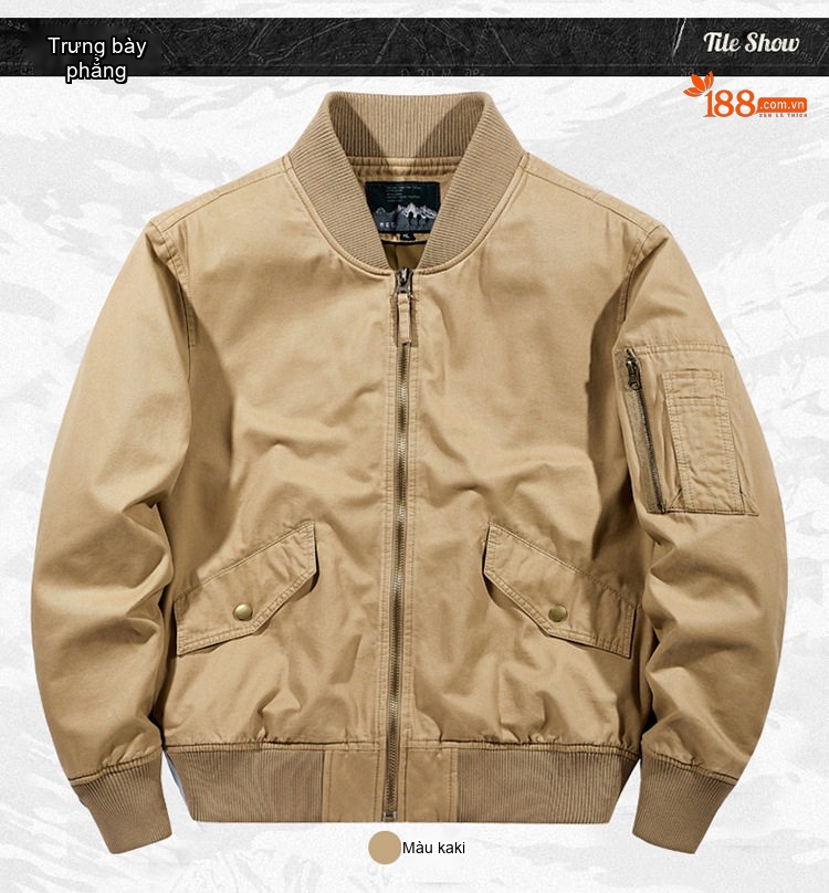 Áo Khoác Bomber Nam Vải Cotton Giặt Nước Cổ Bóng Chày Màu Xanh Olive, Đen, Xanh Navy, Be chi tiết 18