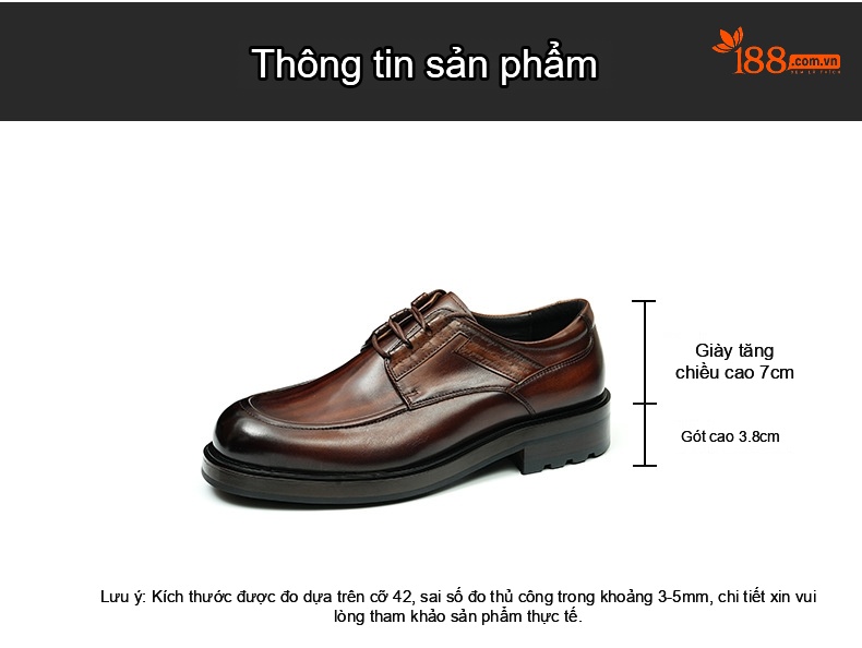 Giày Tây Buộc Dây Nam Da Bò Chiều Cao Đế Khoảng 4cm Màu Đen, Nâu chi tiết 8