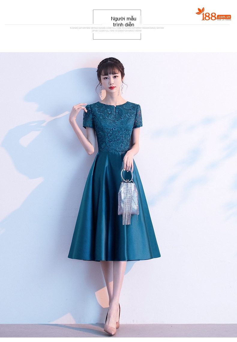 Váy Dự Tiệc dáng chữ A Cổ Tròn Tay Ngắn Dự Tiệc Cưới, Tiệc Tối Màu Xanh, Đỏ, Xanh Navy chi tiết 7