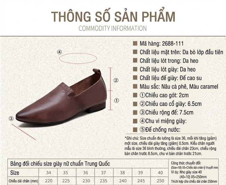 Giày Lười Nữ Mũi Nhọn Da Bò Chiều Cao Đế Khoảng 2cm Màu Nâu, Vàng chi tiết 2
