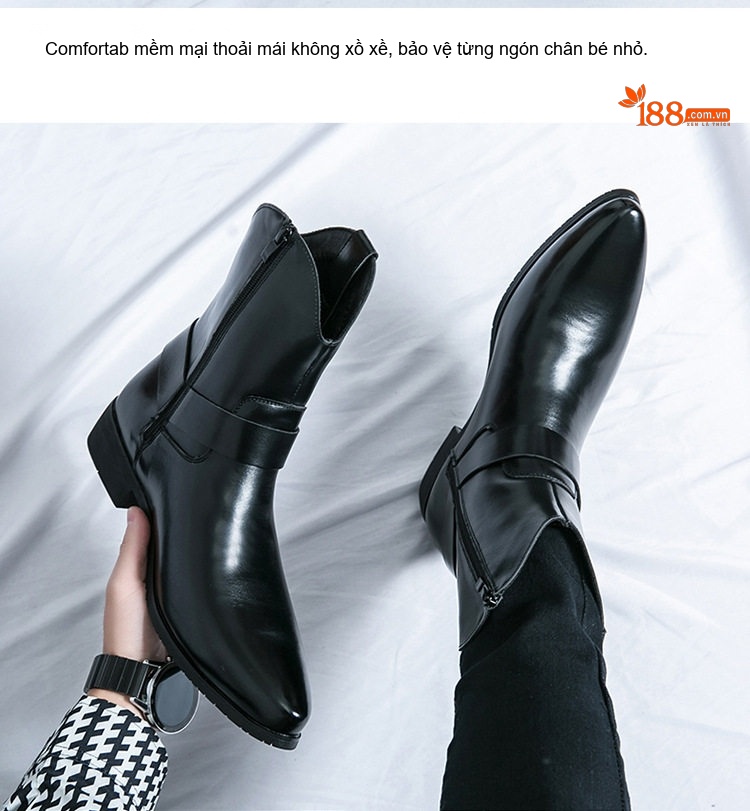 Giày Boot Martin Nam Cổ Cao Khóa Kéo Da Bóng Mũi Nhọn Chiều Cao Đế Khoảng 3cm Màu Đen, Nâu chi tiết 7