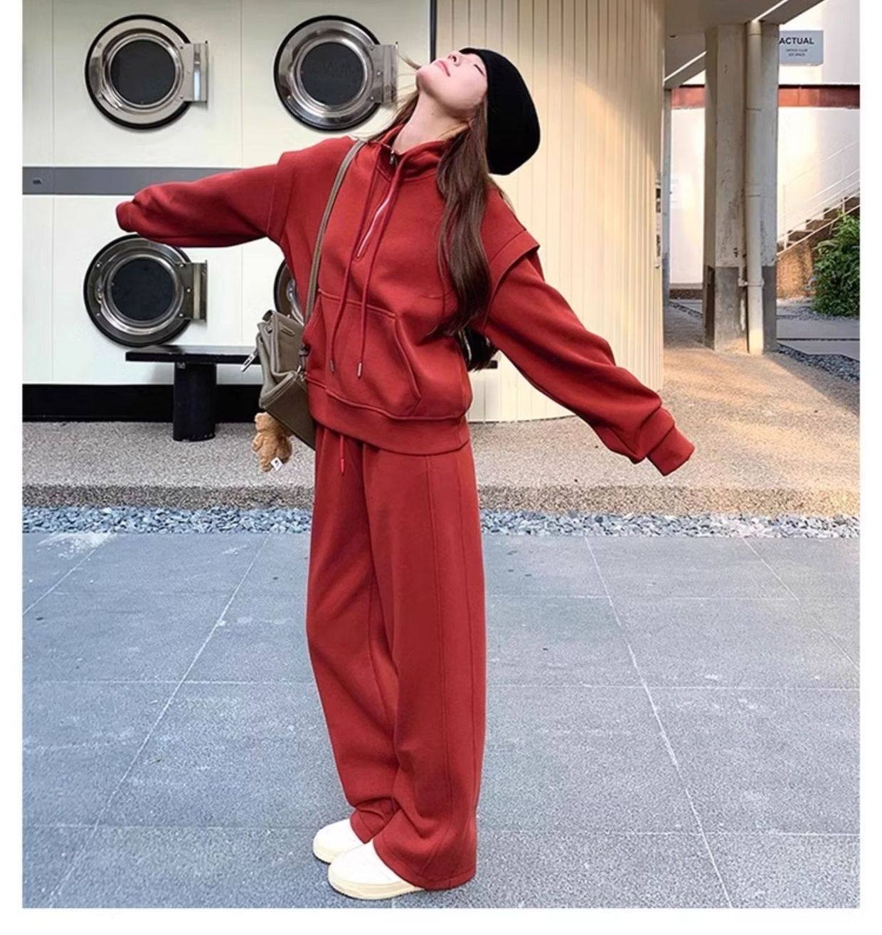 Bộ Đồ Nữ Thu Đông Áo Hoodie Quần Ống Rộng Phong Cách Hàn Quốc Màu Đỏ chi tiết 14