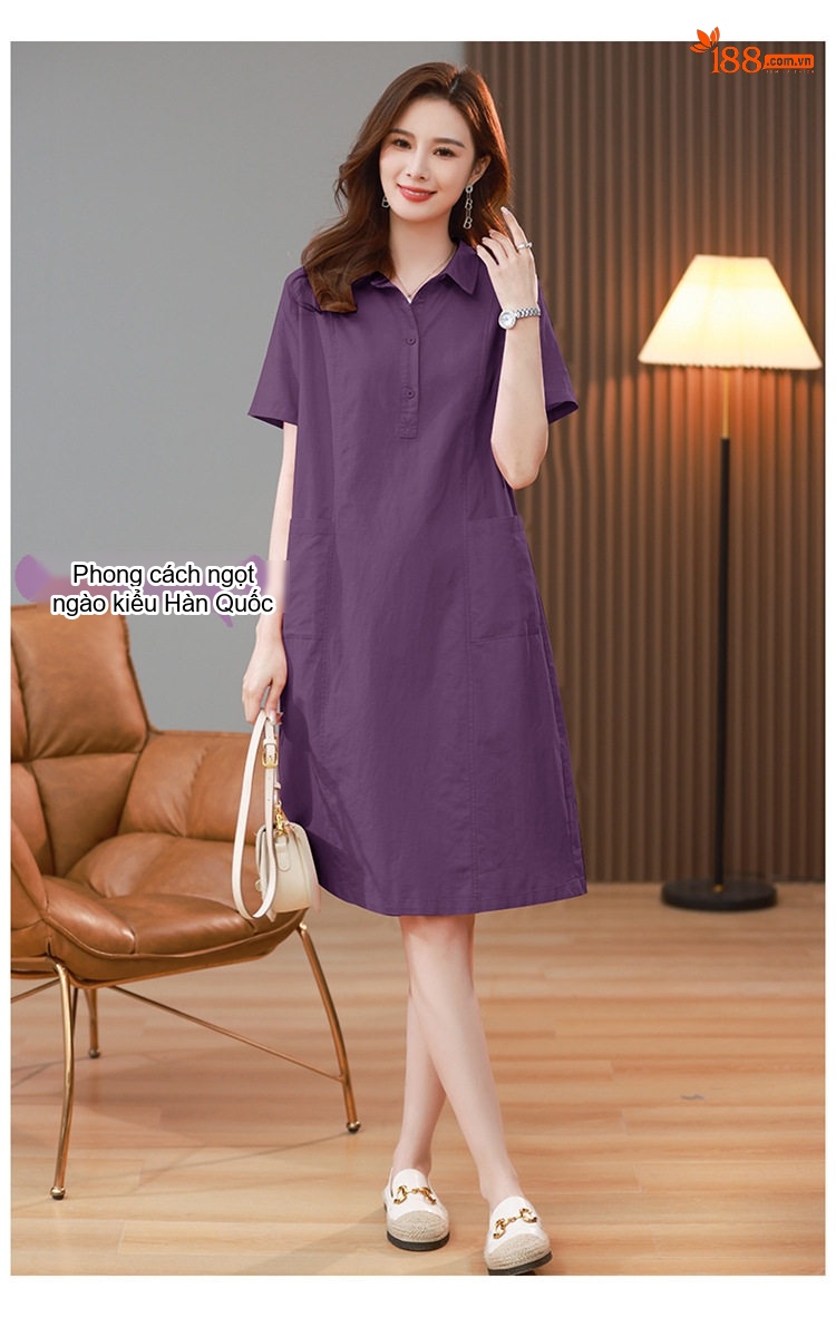 Váy Sơ Mi Nữ Dáng Suông Cotton Linen Phong Cách Retro Màu Xanh Navy, Tím, Nâu, Xanh Lá... chi tiết 4