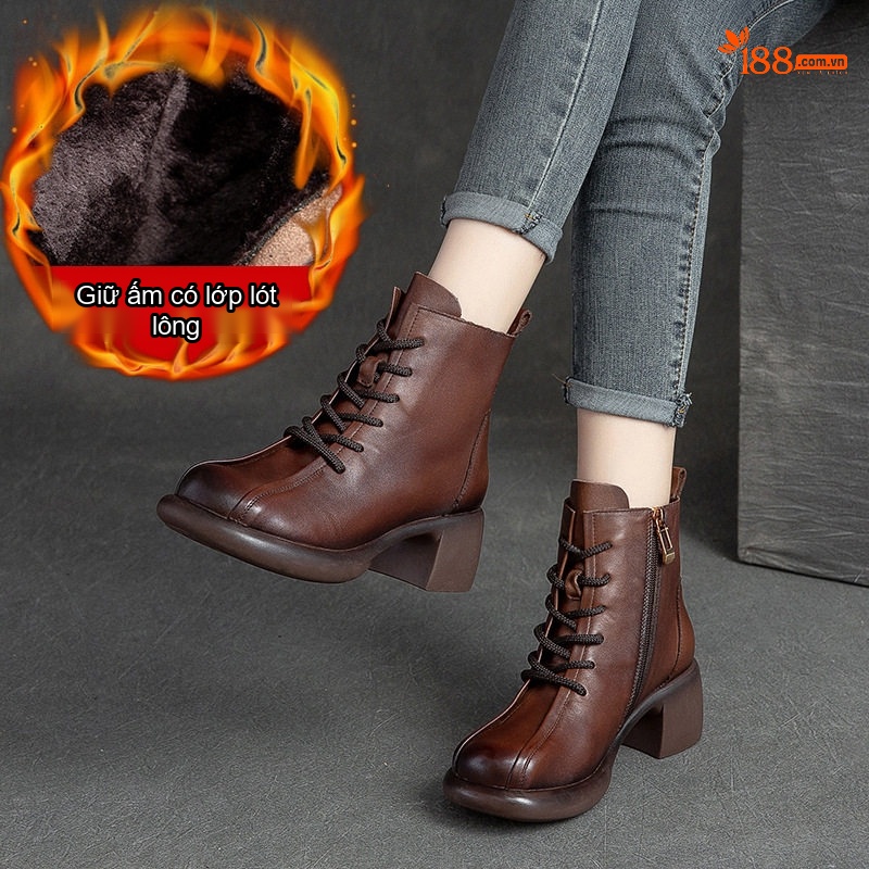 Boot Nữ Da Bò Lót Lông Giữ Ấm Mùa Đông Cổ Ngắn Chiều Cao Đế Khoảng 5cm Màu Nâu, Đen