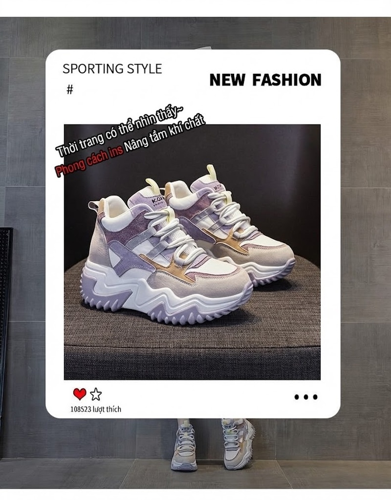 Giày Sneaker Nữ Da Mờ Đế Dày Phong Cách Ulzzang Chiều Cao Đế Khoảng 5cm Màu Trắng, Hồng, Tím, Xám... chi tiết 3