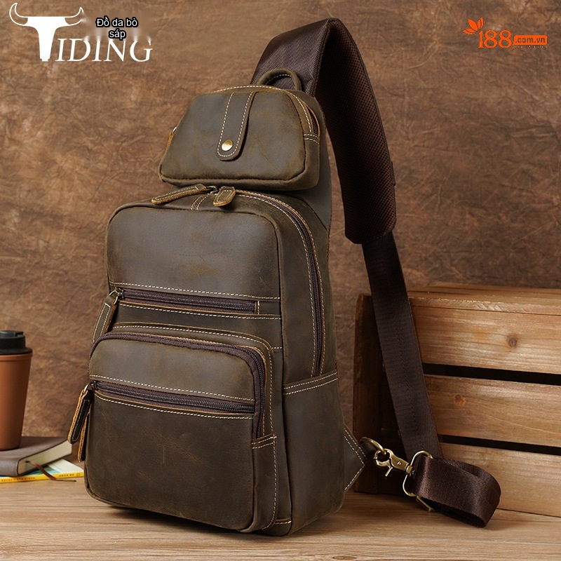 Túi Đeo Chéo Ngực Nam Da Bò Vintage Nhiều Ngăn Kèm Túi Nhỏ Tháo Rời Màu Nâu