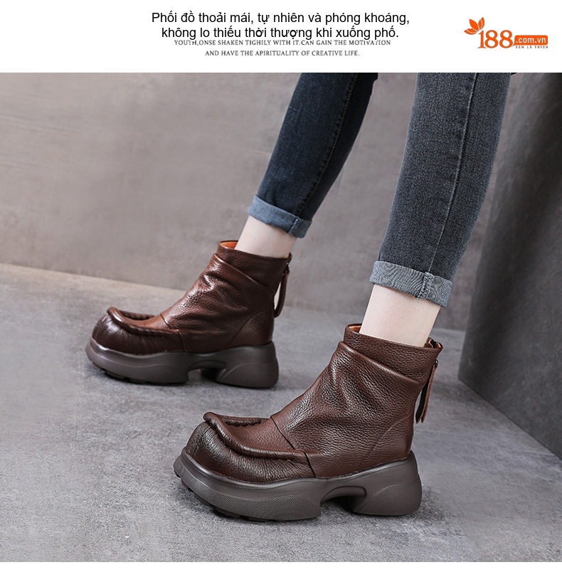 Boot Nữ Da Bò Cổ Ngắn Đế Bánh Mì Chiều Cao Đế Khoảng 5cm Khoá Kéo Sau Màu Đen, Nâu chi tiết 12