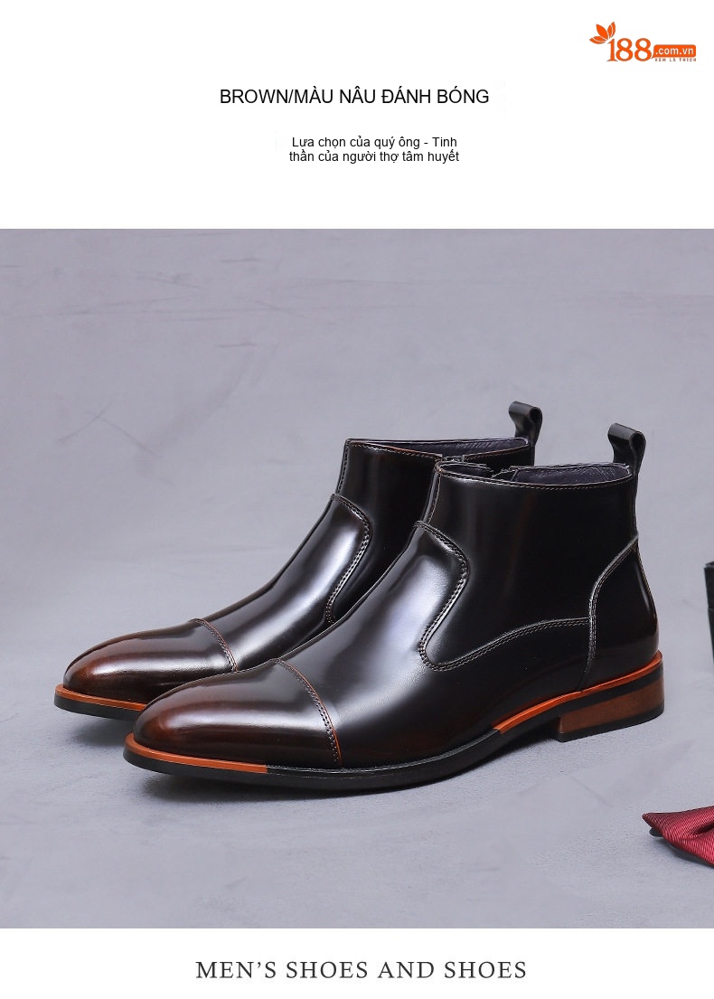 Boot Nam Da Bò Mũi Nhọn Khóa Kéo Chiều Cao Đế Khoảng 3cm Màu Đen, Nâu chi tiết 5