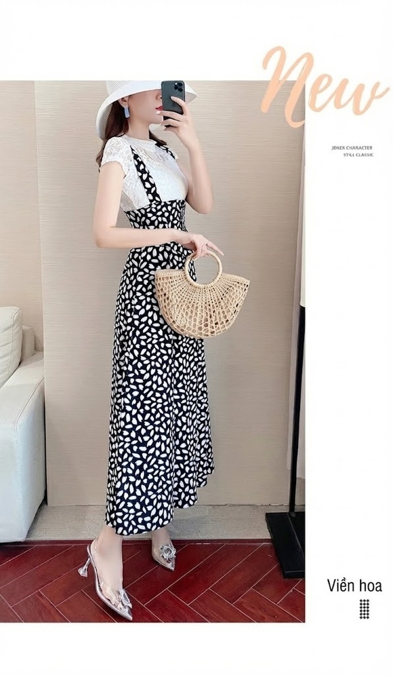 Set Áo Ren Tay Ngắn và Váy Yếm Dài Họa Tiết chi tiết 11