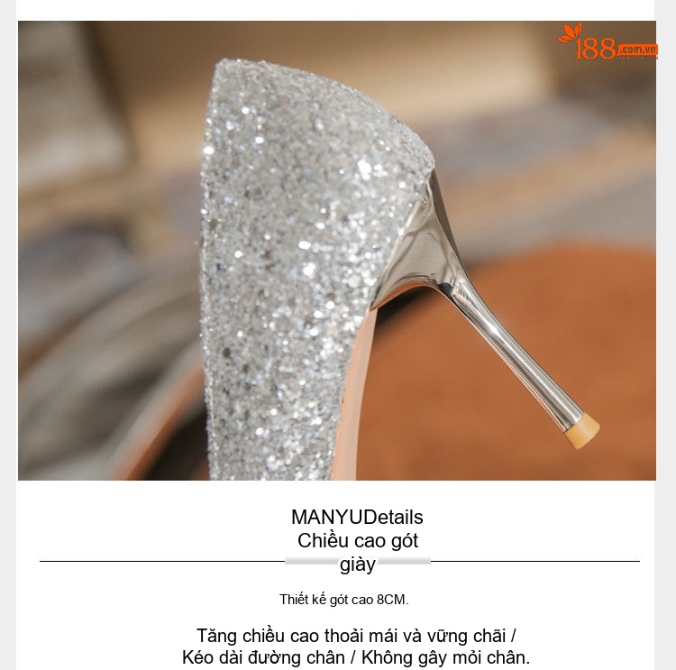 Giày Cao Gót Nữ Gót Nhọn Chiều Cao Đế 8cm Hở Mũi Đính Kim Tuyến Nơ Bướm Màu Bạc chi tiết 7
