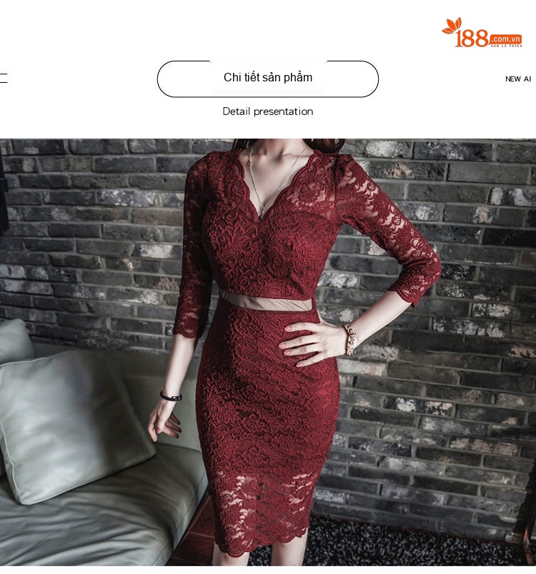 Váy Ôm Body Ren Lưới Hở Eo Cổ chữ V Tay Lỡ Màu Đỏ Rượu Vang chi tiết 29