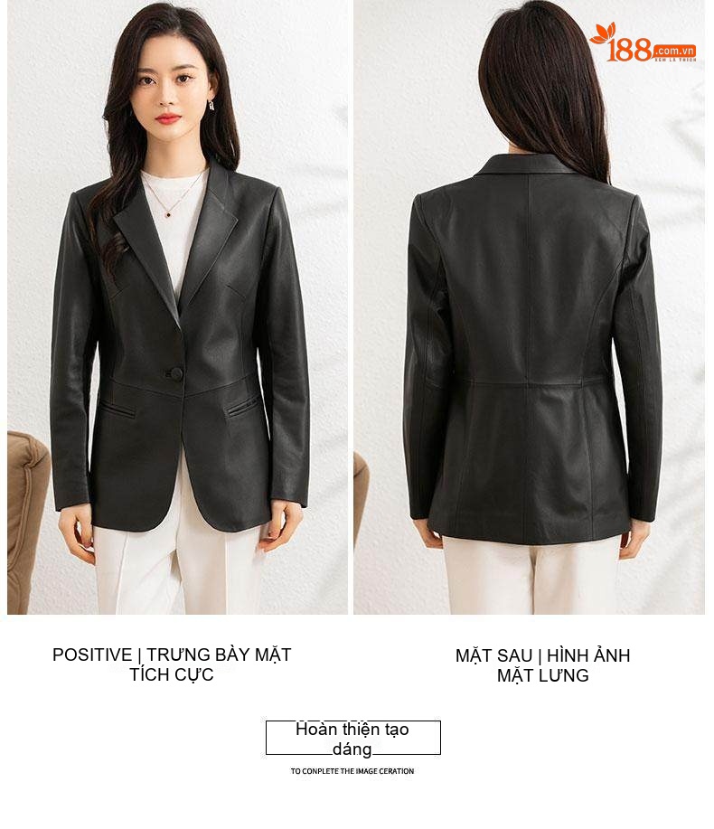 Áo Khoác Blazer Nữ Da Cừu Thật Dáng Ôm Thanh Lịch Màu Đen chi tiết 2