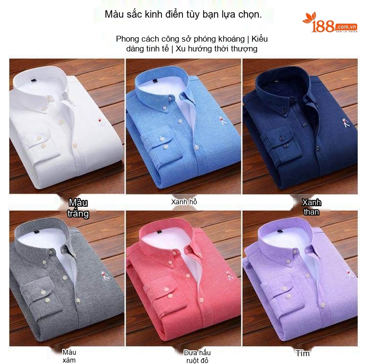Áo Sơ Mi Nam Dài Tay Cotton Oxford Lót Lông Dày Dặn Thêu Hình Màu Xanh Dương, Xanh Navy, Tím, Đỏ... chi tiết 6
