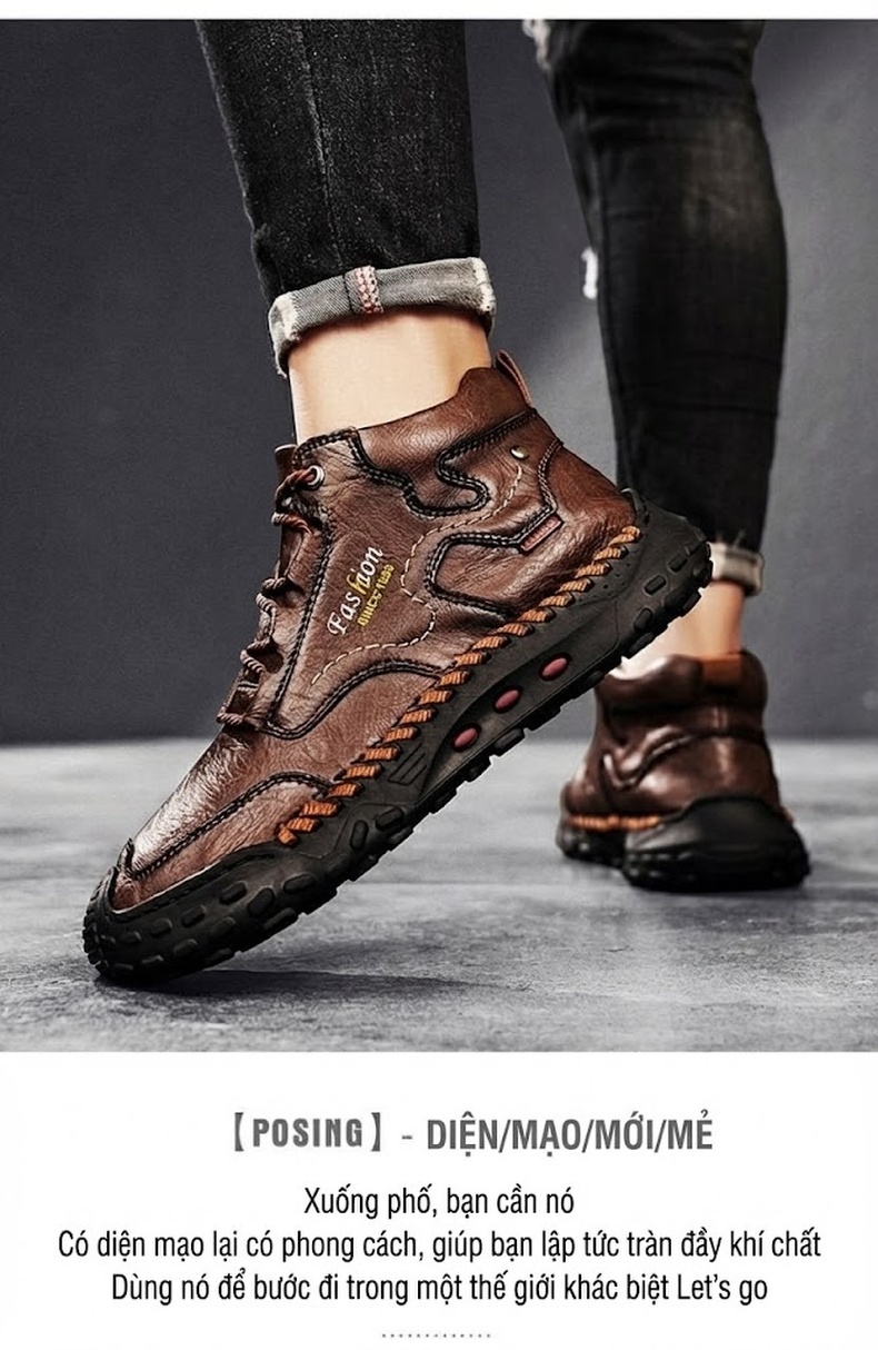 Giày Boot Nam Cổ Cao Dây Buộc Da Bóng Phong Cách Casual Chiều Cao Đế Khoảng 3cm Màu Nâu chi tiết 13