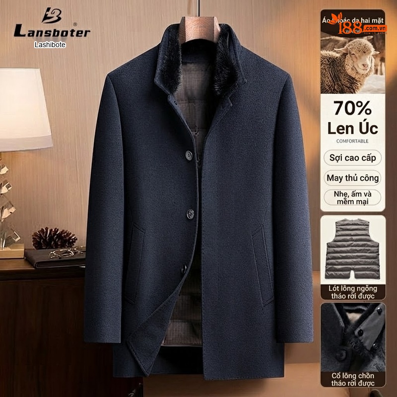 Áo Khoác Dạ Nam Lông Cổ Chồn Tháo Rời Lót Lông Vũ Màu Xám, Xanh Navy, Đen