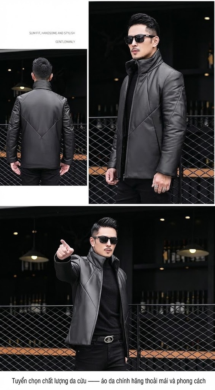 Áo Khoác Da Cừu Nam Lót Lông Vũ Dáng Ôm Cổ Trụ Màu Đen chi tiết 4