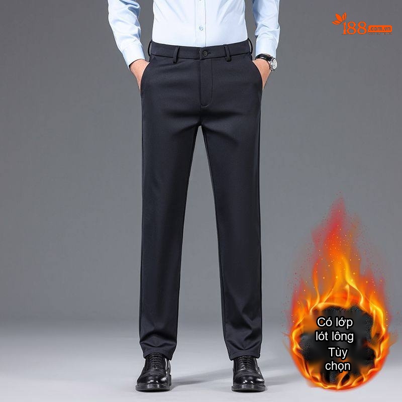 Quần Tây Nam Ống Đứng Lót Lông Cừu Dáng Suông Màu Đen