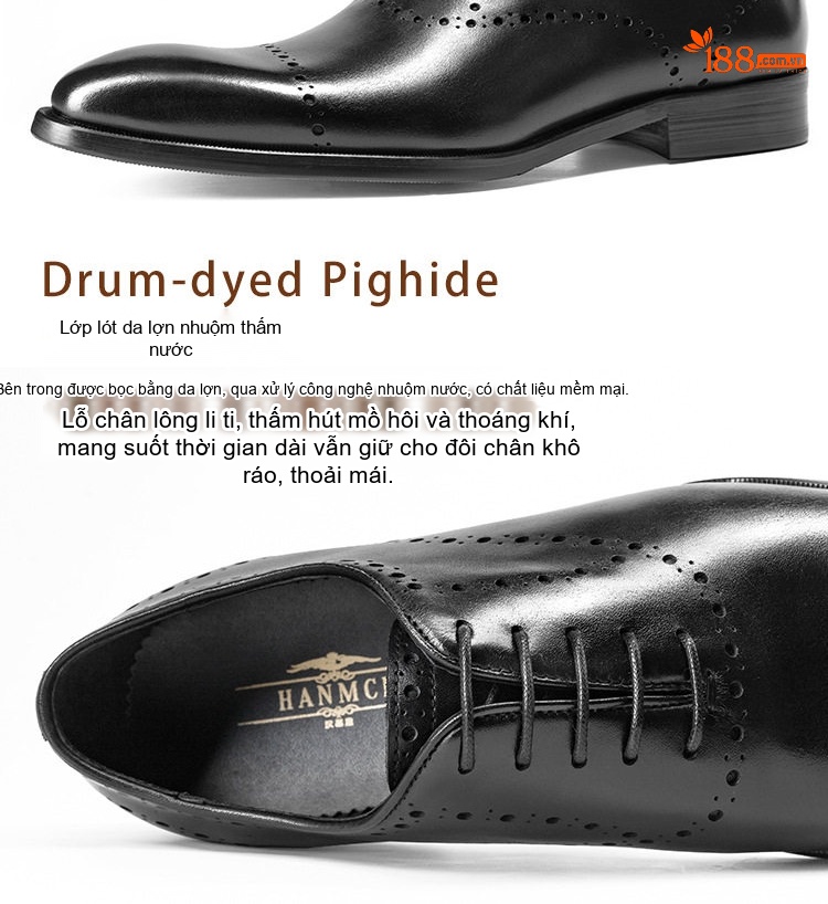 Giày Tây Buộc Dây Nam Da Bò Brogue Oxford Chiều Cao Đế Khoảng 3cm Màu Đen, Nâu chi tiết 2