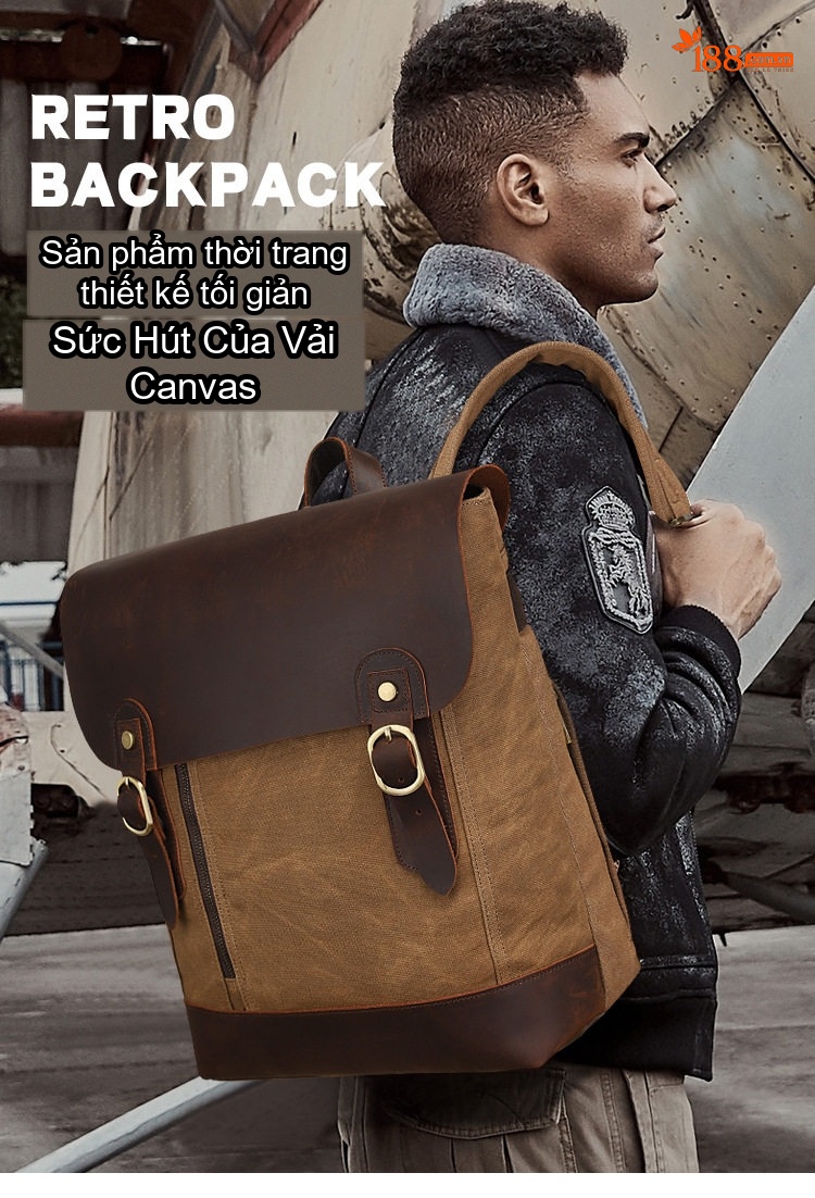 Balo Du Lịch Laptop Vải Canvas Dầu Sáp Chống Thấm Nước Cỡ Lớn Màu Nâu, Xám, Đen, Xanh... chi tiết 2