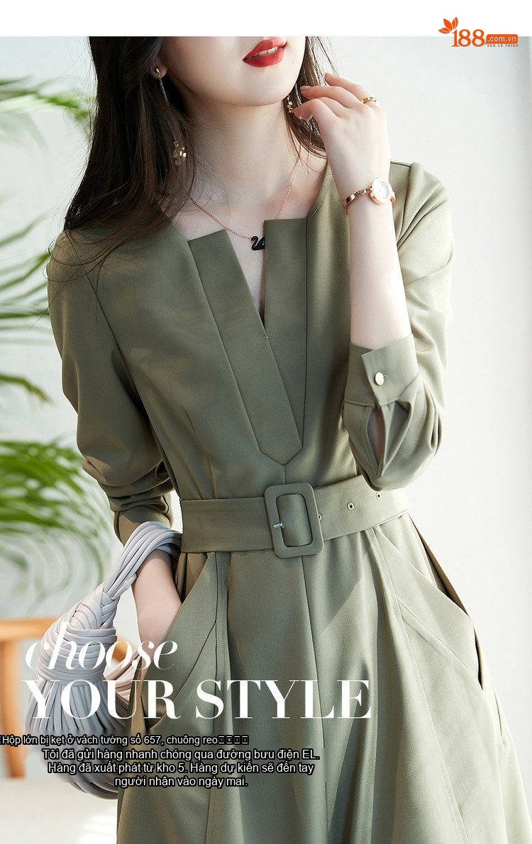 Váy Chữ A Nữ Cổ chữ V Tay Dài Tay Eo Cao Thanh Lịch Màu Xanh Olive, Đen chi tiết 1