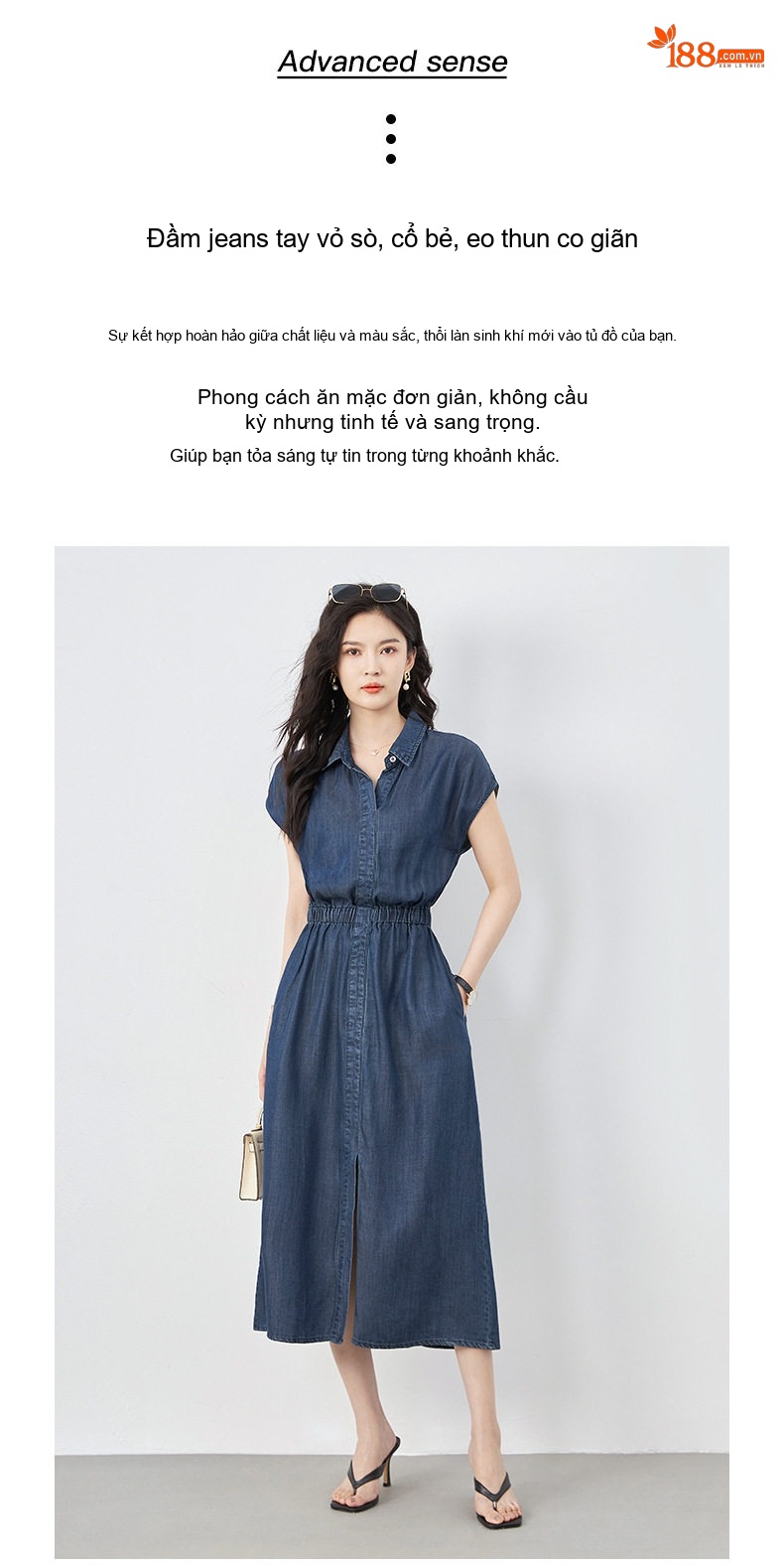 Váy Jean Thiên Sứ Nữ Dáng Suông Cổ Bẻ Tay Cộc Phong Cách Hàn Quốc Màu Xanh Jean chi tiết 2