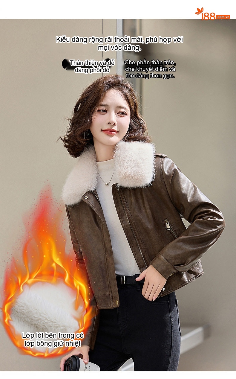 Áo Khoác Da PU Nữ Cổ Lông Dày Dặn Kiểu Bomber Màu Nâu, Trắng chi tiết 8