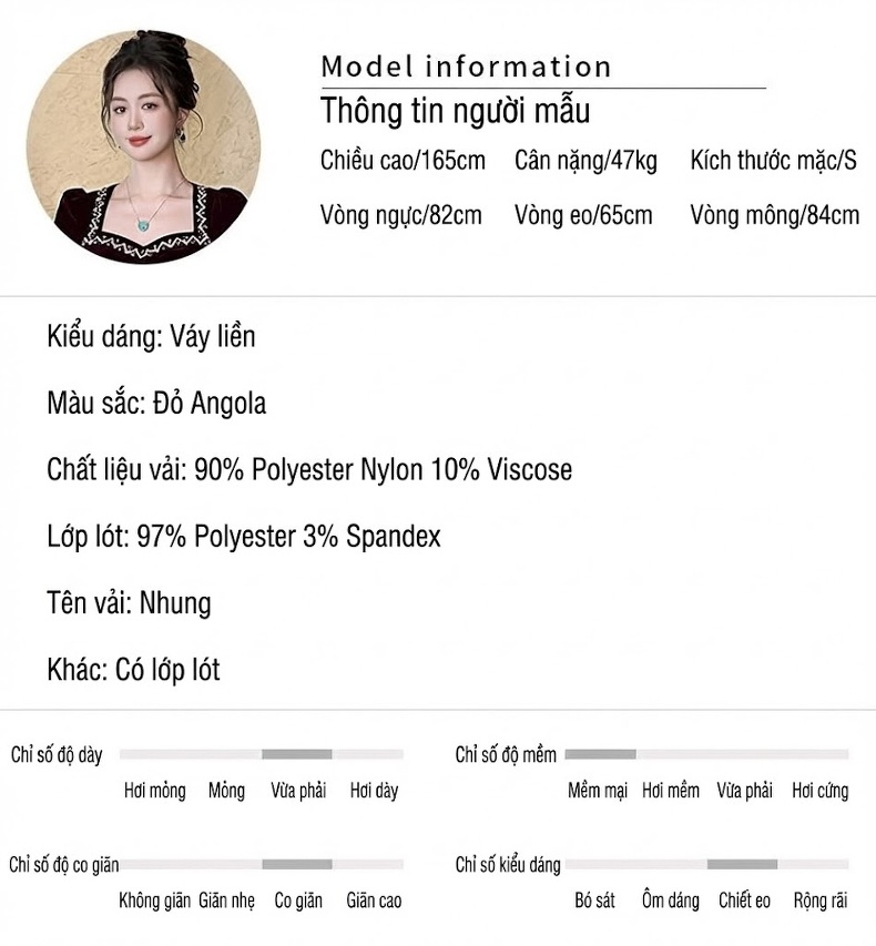 Váy Dự Tiệc Nữ Cổ chữ Vuông Tay Dài Nhung Đỏ Angora chi tiết 2