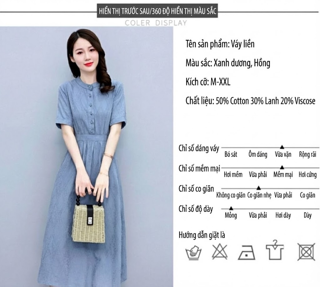 Váy Midi Nữ Cotton Linen Thiết Kế dáng chữ A Che Bụng, Eo Thon Gọn Màu Hồng, Xanh Dương chi tiết 11