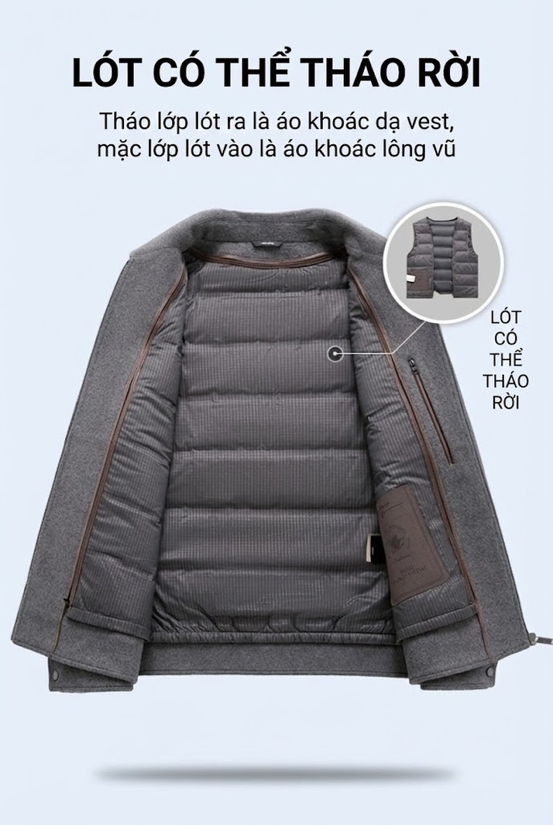 Áo Khoác Dạ Nam Lót Lông Vũ Ngắn Tay Thu Đông Màu Xám, Nâu chi tiết 9