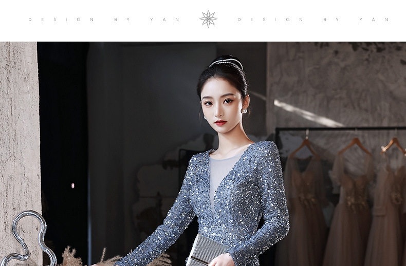 Đầm Dạ Hội Nữ Lấp Lánh Xẻ Tà Dáng Dài Tay Dài Màu Bạc, Vàng Đồng chi tiết 18