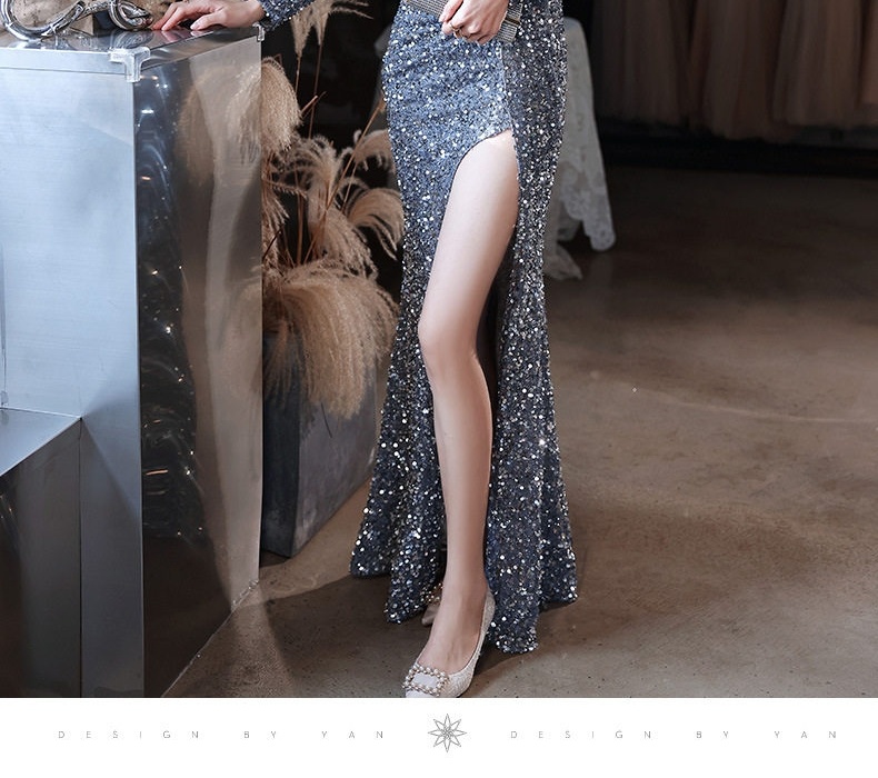 Đầm Dạ Hội Nữ Lấp Lánh Xẻ Tà Dáng Dài Tay Dài Màu Bạc, Vàng Đồng chi tiết 19