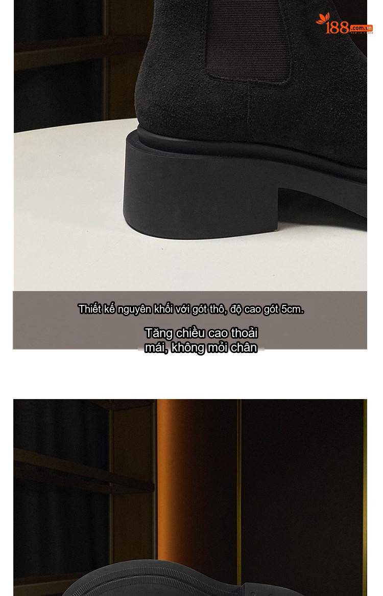 Boot Chelsea Nữ Da Bò Satin Đế Cao 5cm Màu Đen, Nâu chi tiết 8