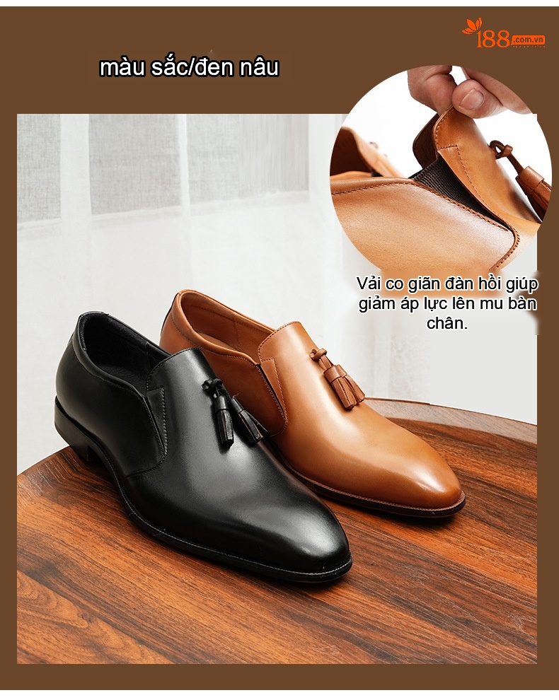Giày Lười Nam Da Bò Lót Da Thật Chiều Cao Đế Khoảng 3cm Màu Đen, Nâu chi tiết 2