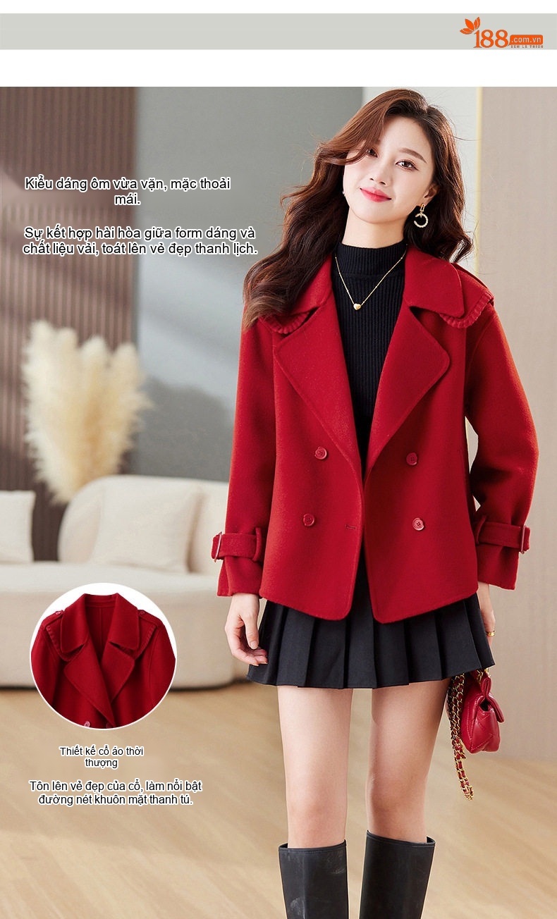 Áo Khoác Dạ Nữ Hai Mặt Dáng Ngắn Cổ chữ Vest Thời Trang Màu Đỏ, Nâu, Đen, Hồng chi tiết 5