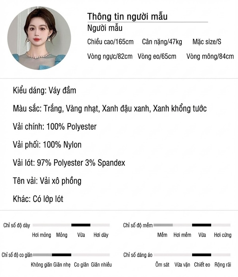 Váy Chữ A Chiết Eo Tay Bồng Cổ Tròn Phong Cách Pháp Màu Trắng, Xanh, Vàng chi tiết 2